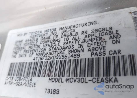 2003 Toyota Camry Se V6 from USA, damaged, VIN 4T1BF32K03U561489